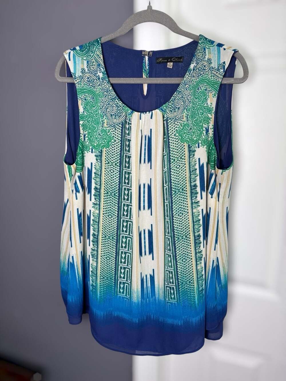 Rose + Olive Blue Green Print Sleeveless Blouse 1X